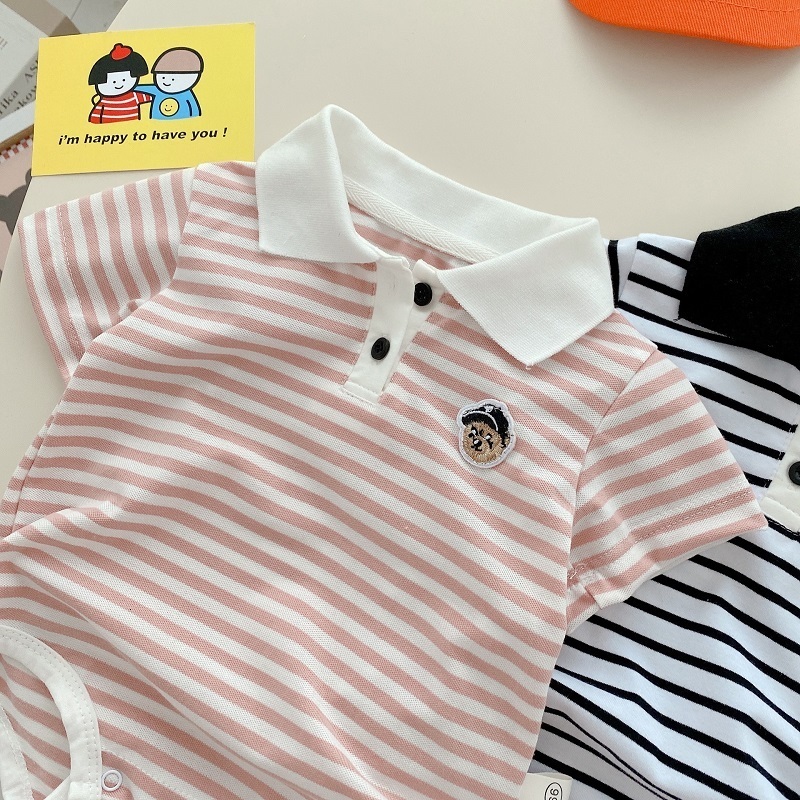 Rompers Summer born Baby Boy Clothes Short Sleeve Turn Down Collar Striped Romper Jumpsuit Outfits One-Pieces Suit 0-24M 230425