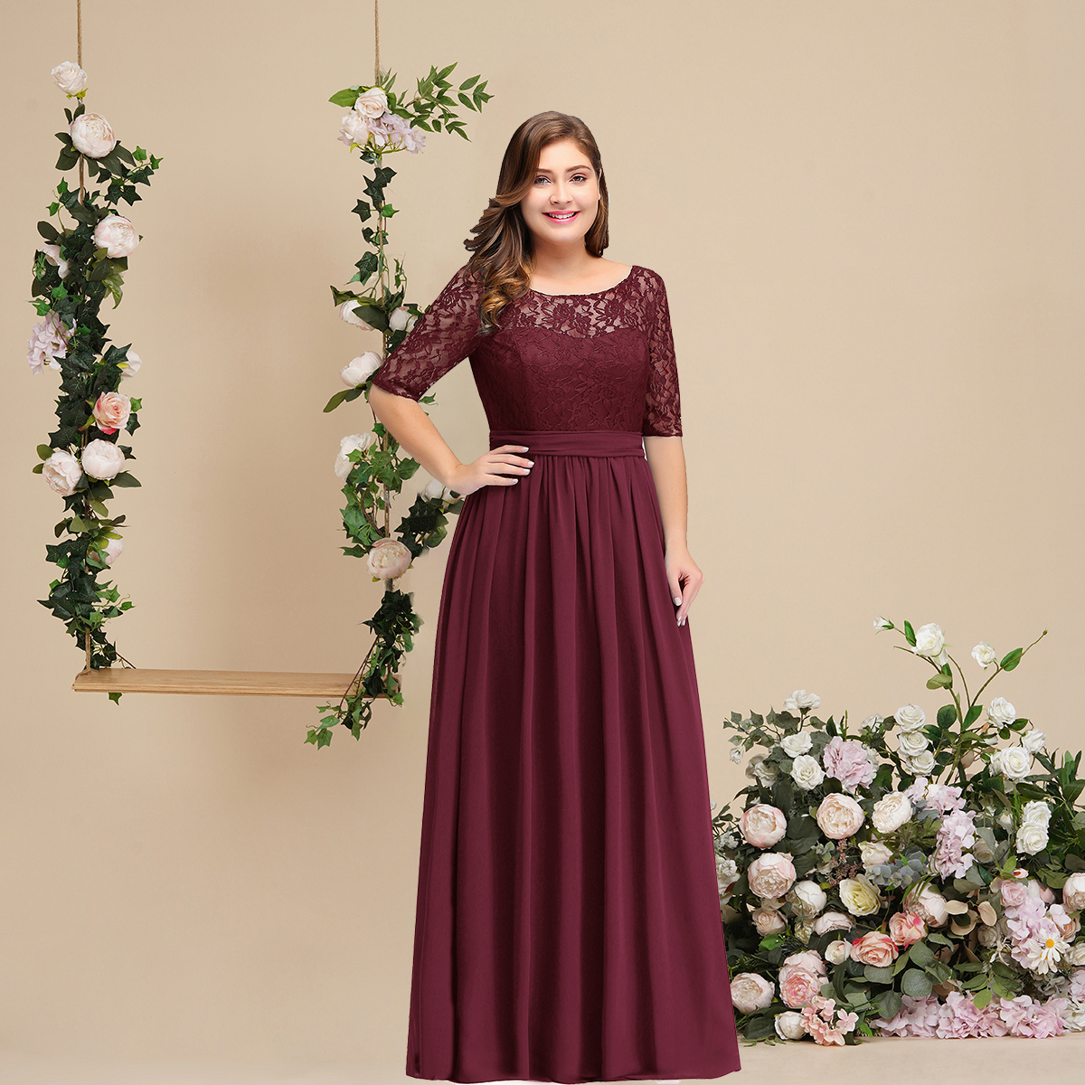 babynice666 Burgundy Bridesmaid Dress with 3/4 Aleeved Chiffon Dress with Lace Bodice Illusion Sleeve Fully Lined Zip up Back CPS522