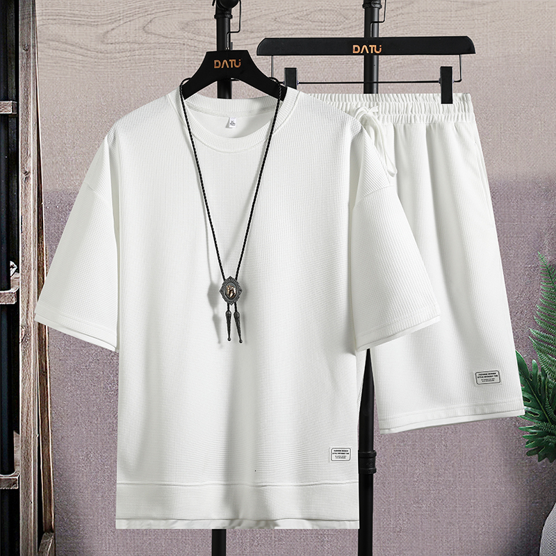 Men's Tracksuits Mens Waffle Clothing 2 Piece Set Summer Tracksuit Men Jogging Suit Male Harajuku Hip Hop Running Patchwork Sweatshirts Sets 2304