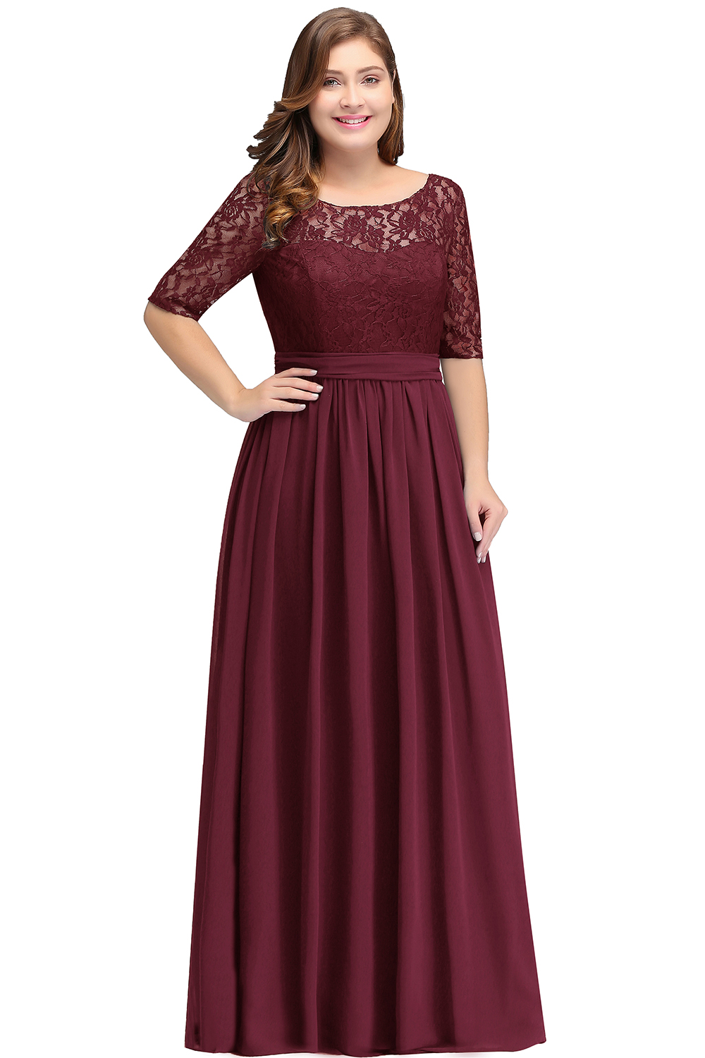 babynice666 Burgundy Bridesmaid Dress with 3/4 Aleeved Chiffon Dress with Lace Bodice Illusion Sleeve Fully Lined Zip up Back CPS522