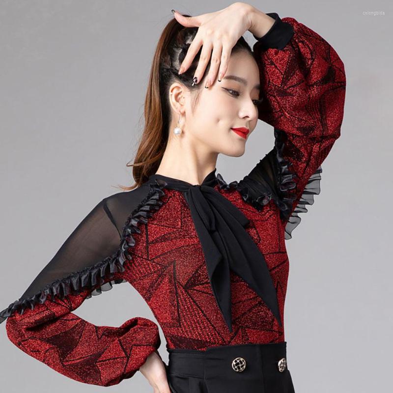 Stage Wear 2023 Spring Latin Dance Bodysuit For Women Mesh Patchwork Tops Female Bowknot Ballroom Samba Rumba Tango Practice Clothes 6042