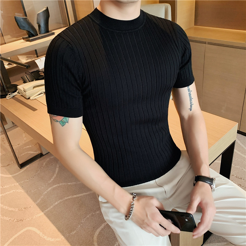 Men's T-Shirts British Style Summer Solid Short Sleeve Knitted T-shirt Men Fashion O-Neck Stripe Slim StripeTee High Quality Men Clothing 230426