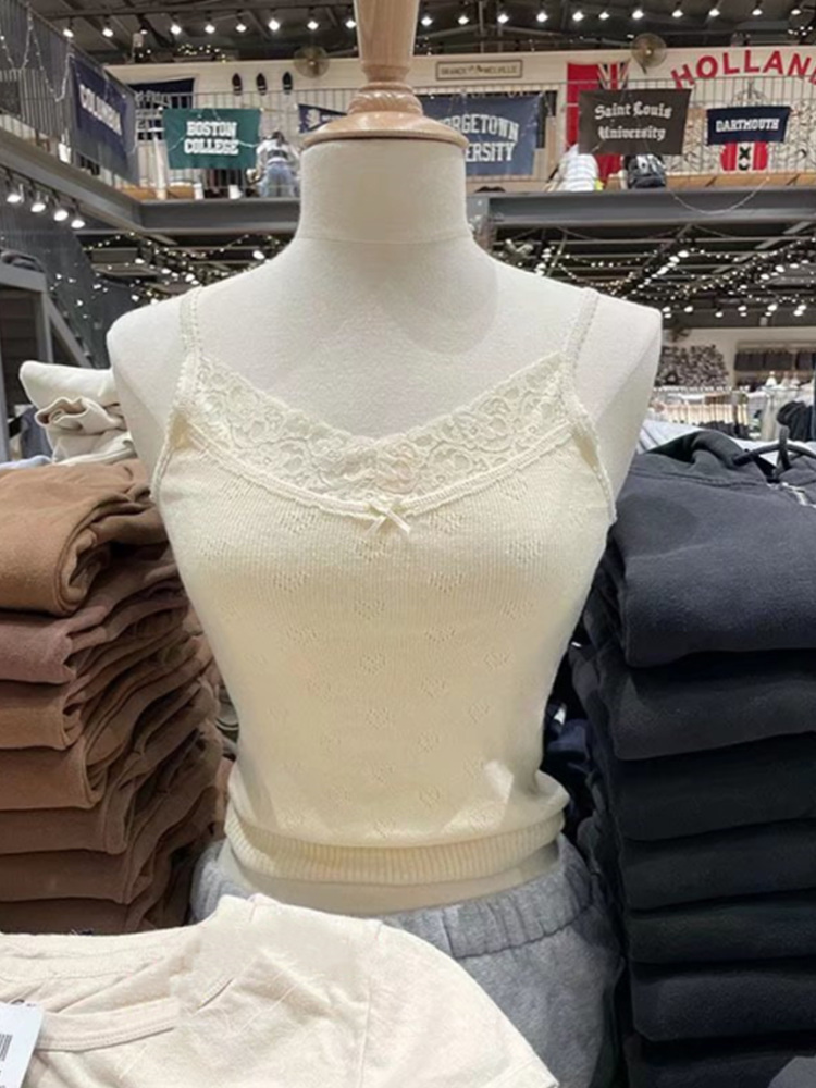 Camisoles Tanks Casual Women Beige Lace Slim Camisole Summer Fashion Ladies Spice Female Knitted Sleeveless Top 230426