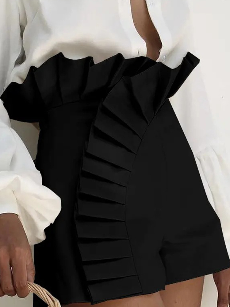 Women's Short's Bottom Ruffle Hem Shorts Pleated High Waist Solid 2023 Fashion Pant Elegant Summer Casual Female Clothing Outfits 230426