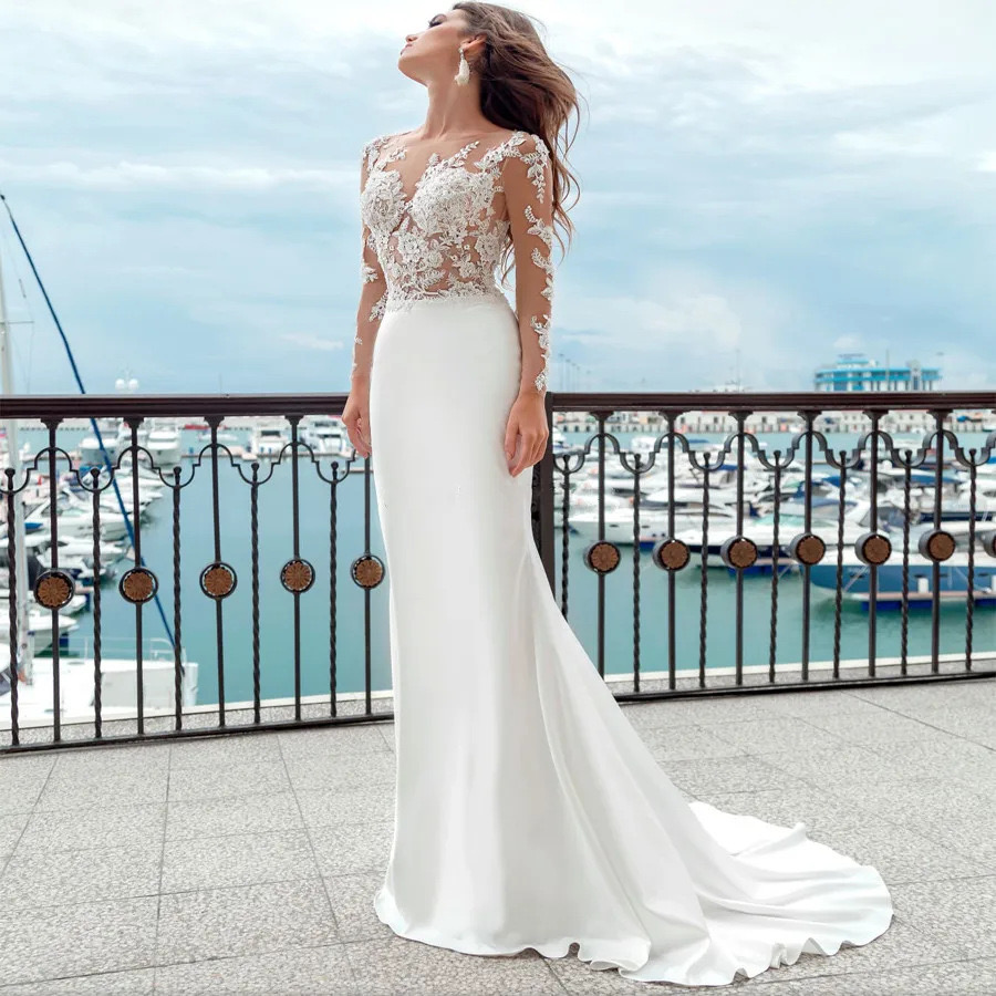 Sexy Lae Satin Mermaid Wedding Dresses Sweetheart Ruffle Train Tulle Lace Crystal Beading New Fashion Plus Size African Long Sleeves Turkish Beach Bri