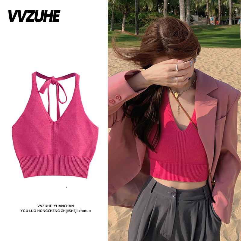 Camisoles Tanks Y2k Fashion Knitted Tank Casual Crop Cami Halter Vest Ropa De Mujer Croptop Summer Basic Backless Streetwear Off Shoulder Top 230425