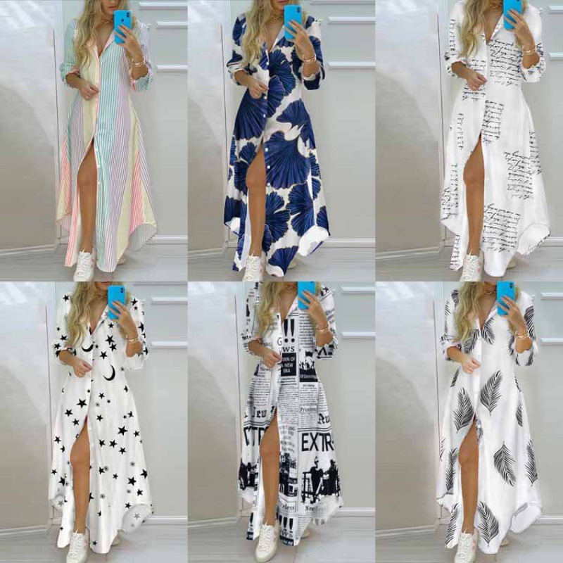 Casual Dresses Shirt Dress Summer Turn-down Collar Single Breasted Button Irregular Long Dress Female Sexy Letter Print Maxi Dresses
Casual Dresses Shirt Dress Summer Turn-down Collar Single Breasted Button Irregular Long Dress Female Sexy Letter Print Maxi Dresses