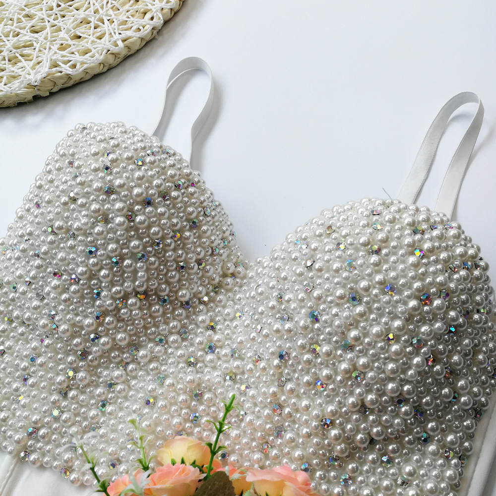 Camisoles Tanks Fashion Streetwear Tank Top Woman Clothes Pearl Chest Binder Camisole Ladies Bra Blusas Casual Short White Tops Women Corset 230426