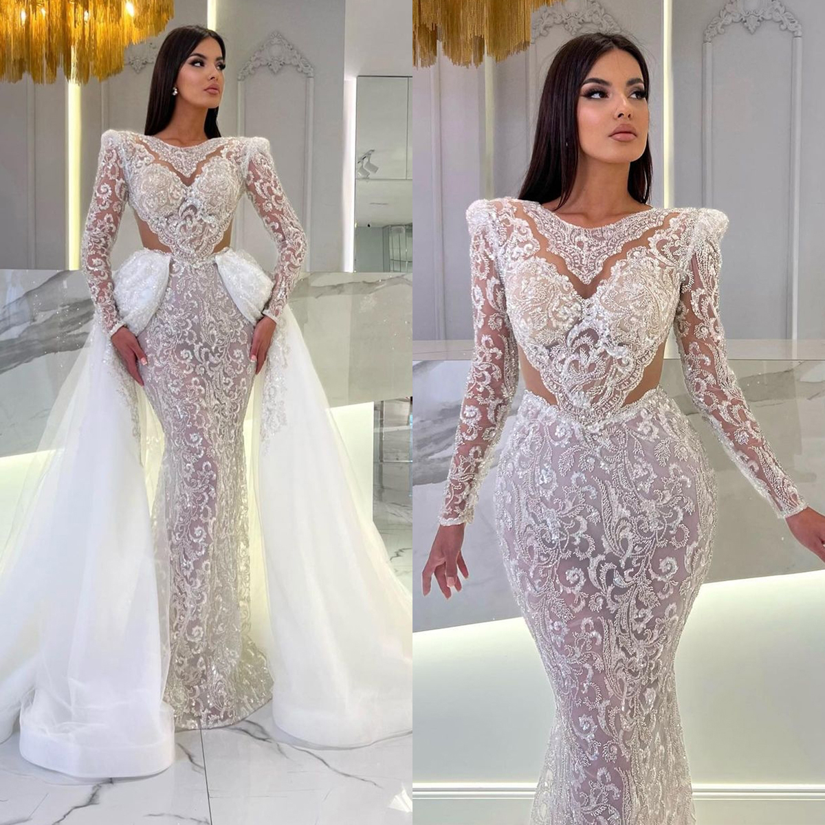 Exquisite Mermaid Wedding Dresses Long Sleeves V Neck Halter Beaded Sequins Appliques Detachable Train Bridal Gowns Plus Size Vestido de novia Custom