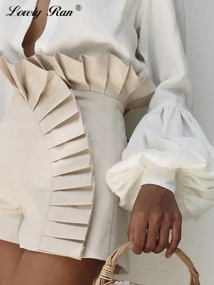Women's Short's Bottom Ruffle Hem Shorts Pleated High Waist Solid 2023 Fashion Pant Elegant Summer Casual Female Clothing Outfits 230426