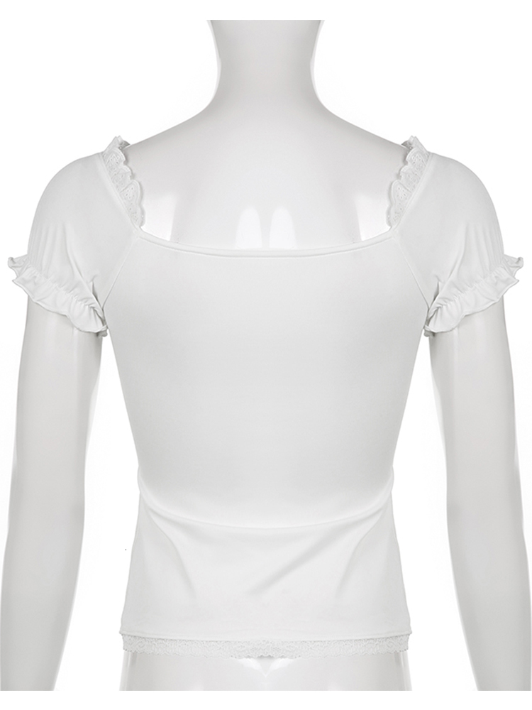 Women's T-Shirt Rapcopter y2k Frill Crop Top Button Short Sleeve Cute Sweet Tee Women Vintage Basic Casual T Shirt Women Summer Chic Korean Tops 