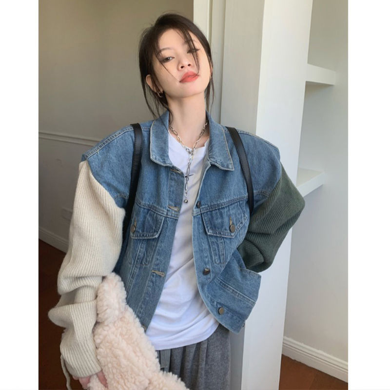 Women's Jackets Deeptown Y2k Streetwear Denim Jackets Women Harajuku Korean Oversize Patchwork Knitted Coat Hip Hop Vintage Casual Outfits 230426