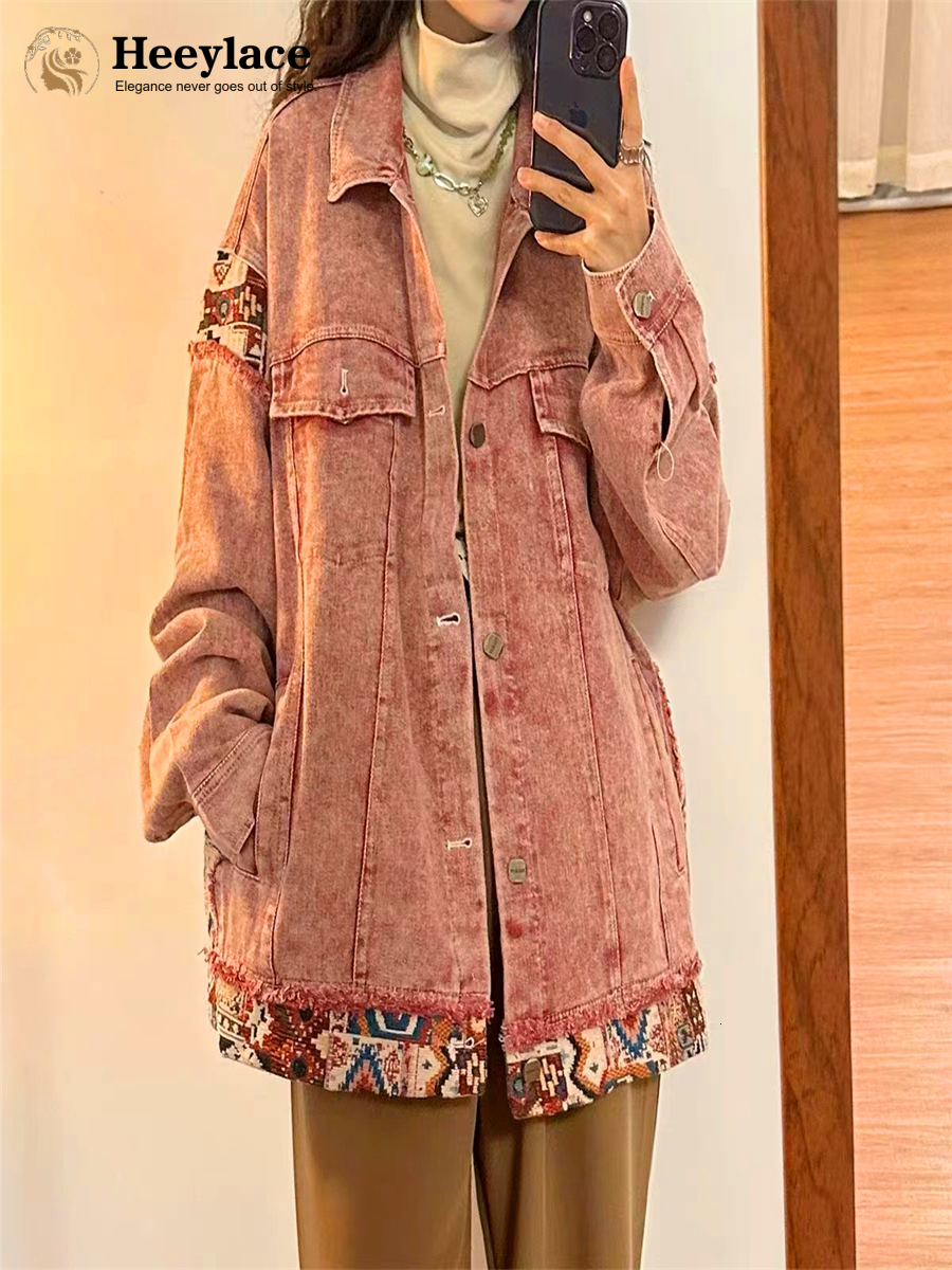 Women's Jackets Spring Women's Jacket Korea Style Vintage Loose Sweet Cool Pink Patchwork Tooling Vestidos Denim Jeans Coat for Women 230426