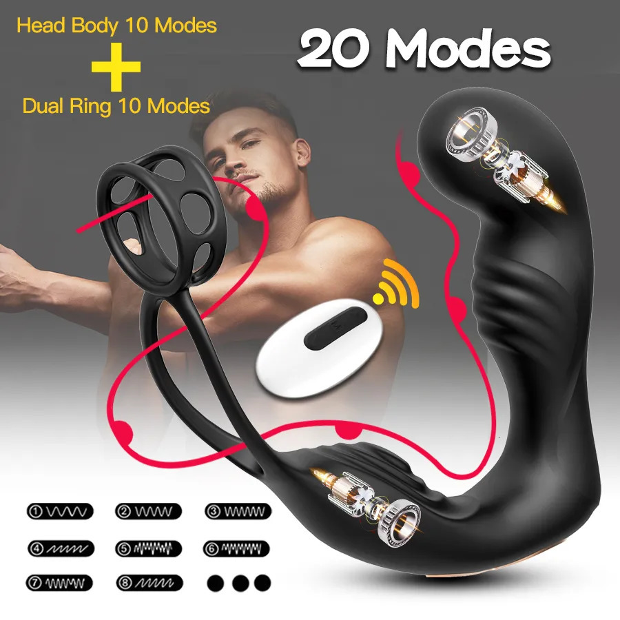 Vibrators Male Prostate Massage Vibrator Double Ring Anal Plug Silicone Delay Ejaculation Masturbator Adult Sex Toys for Men 231124