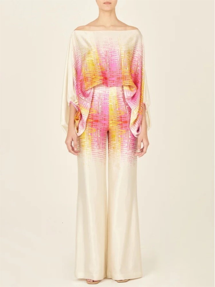 Women's Two Piece Pants Chic Print Lantern Sleeve Satin Top Wide Leg Pant Suit Women Sexy Off Shoulder Long Sleeve 2 Piece Set Casual Office Lady