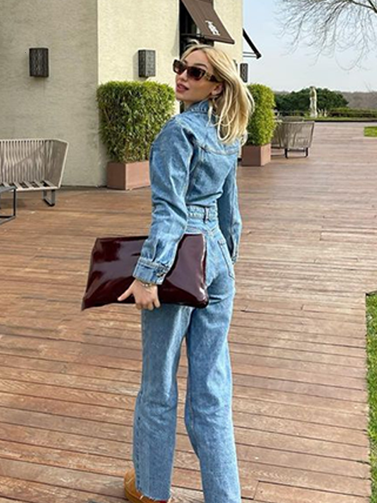 Women's Jumpsuits Rompers Women Denim Jumpsuit Woman Jean Overalls Long Sleeve Elegant Jumpsuits Y2k Streetwear Turn Down Collar Vintage Female 2