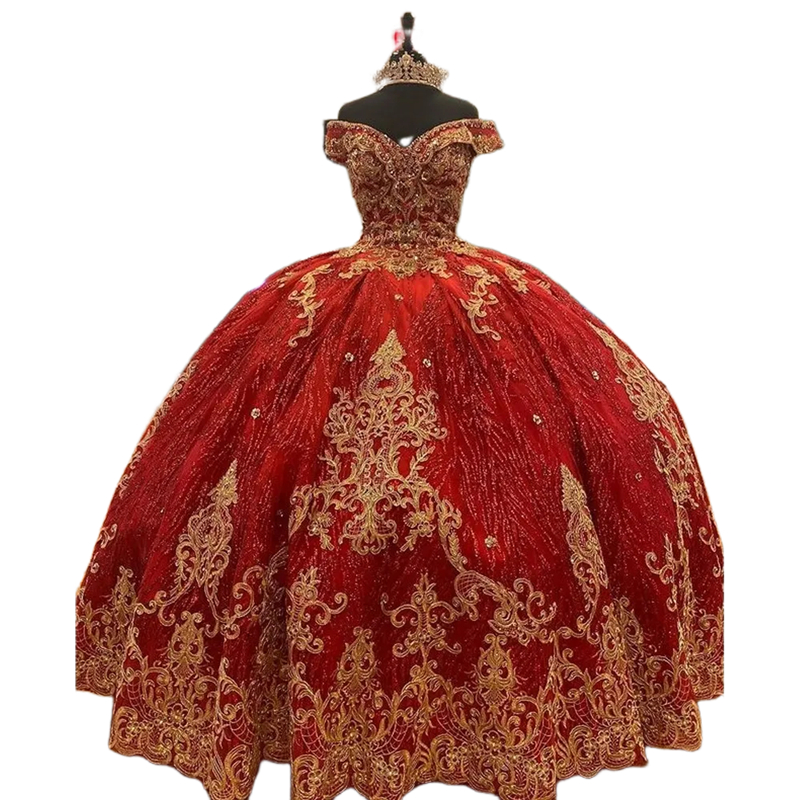 Gorgeous Red Quinceanera Dresses Glitter Sequined Ball Gown Sweet 16 Dress Off The Shoulder Gold Lace Appliques Beaded Princess Prom Formal Occasion W