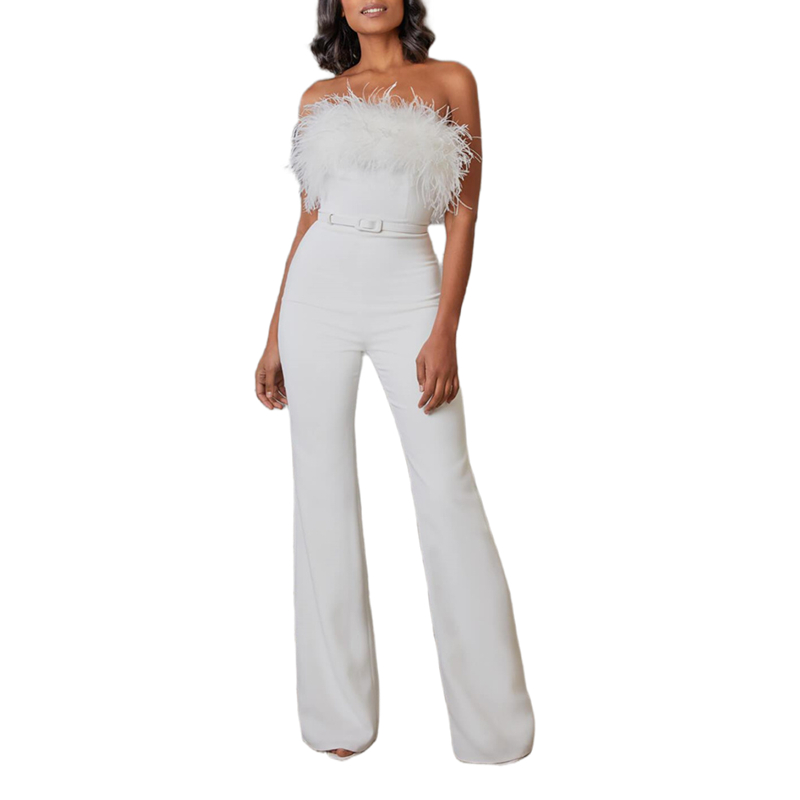 Elegant Feathers Jumpsuits Wedding Dress For Bride Strapless Satin Simple Bridal Gowns Ivory Sexy Women Formal Reception Pants Suits Custom Made 2023