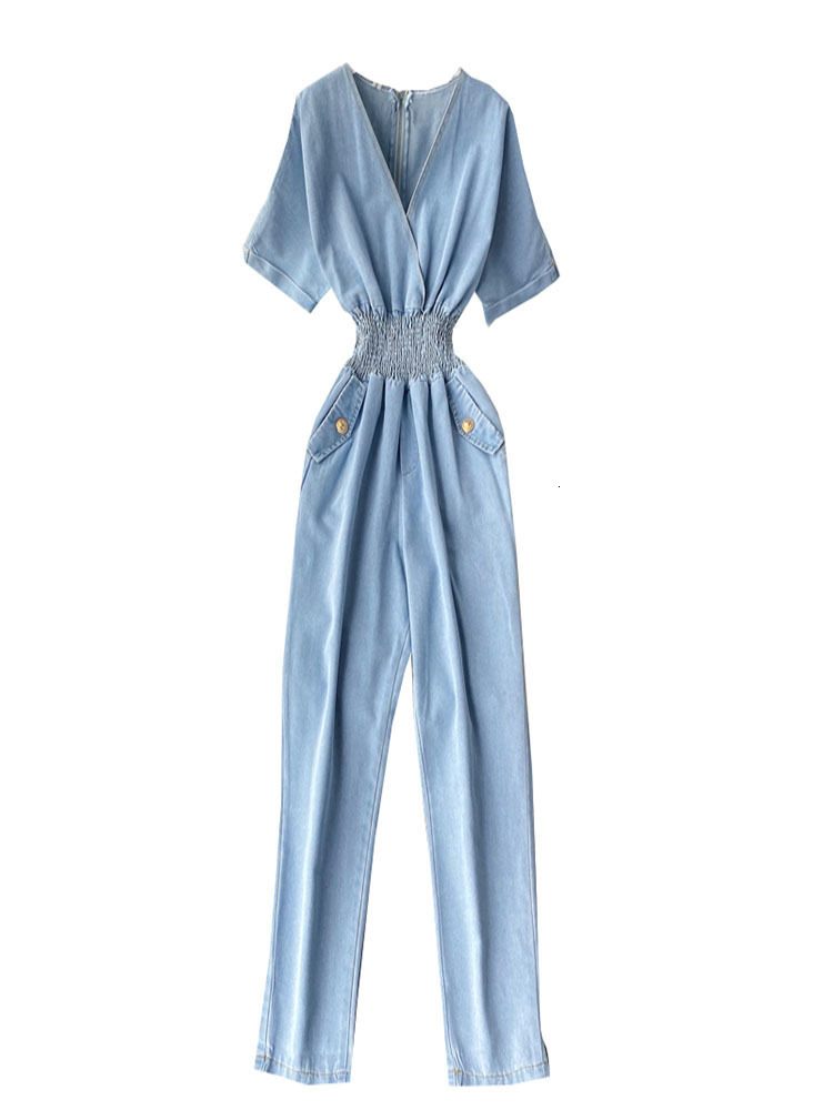 Women's Jumpsuits Rompers EWQ Sweet Style Women Jumpsuits Denim V-neck Short Sleeve Solid Color High Waist Casual Jumpsuit Spring Summer SN0540 2