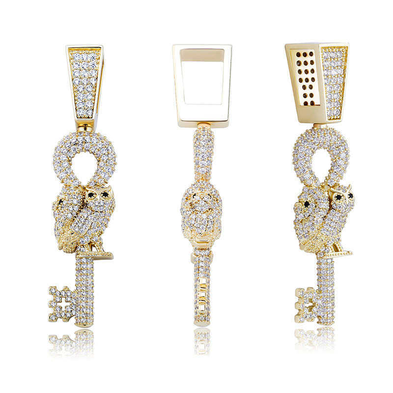 Golden Owl Key Hip Hop Pendant Necklace Full Iced Out Cubic Zircon Punk Rock Charms Necklaces Bling Pendants Real Gold Plated Bling CZ Hip Hop Jewelry