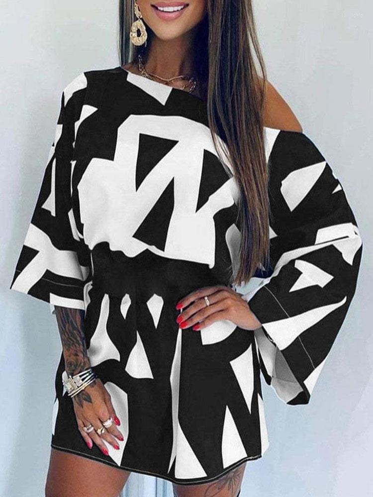 Casual Dresses Ladies Spring Autumn Off Shoulder Sexy Party A-Line Mini Dress 2023 Women Elegant Vintage Print Commute