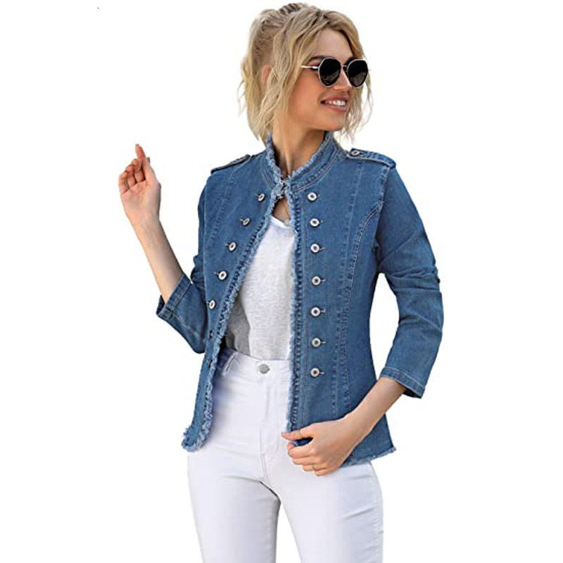 Women's Jackets Casual Women's Denim Jacket Spring Retro Blue Long-Sleeve Jacket Washed Cardigan Stand Neck Fashion Woman Denim Jacket 23042