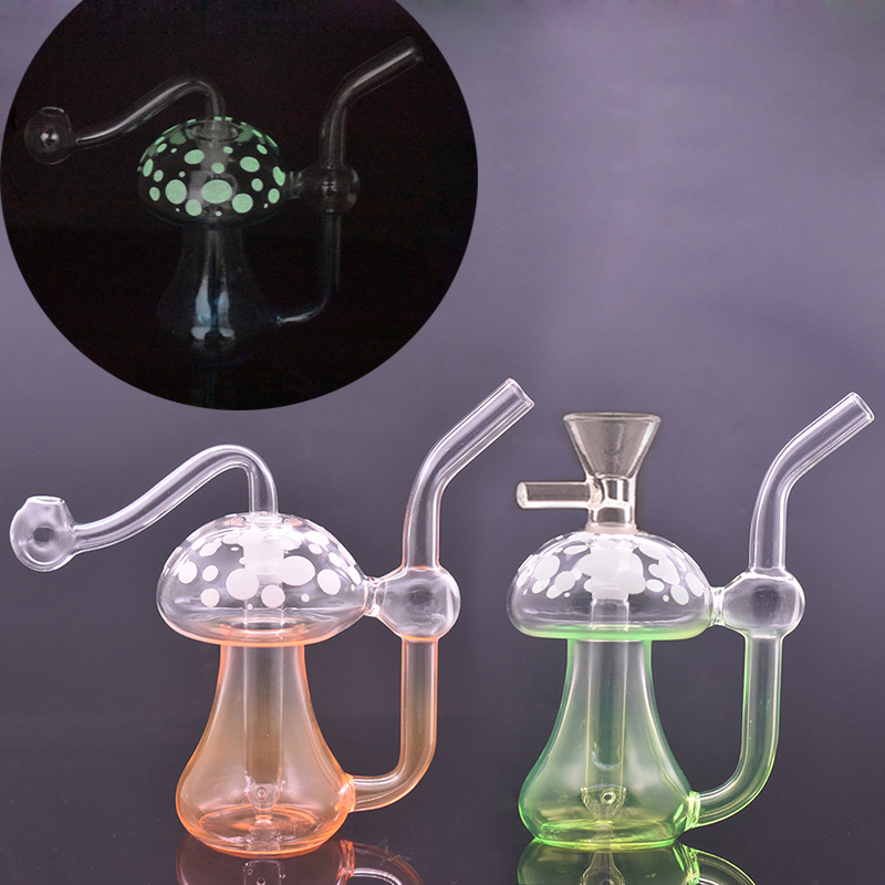2pcs Glass Oil Burner Bong Hookah Water Pipes Mushroom Glow In The Dark Recycler Dab Rig Ashcatcher Bongs for Smoking Tool with 10mm Male Glass Oil Burner Pipe