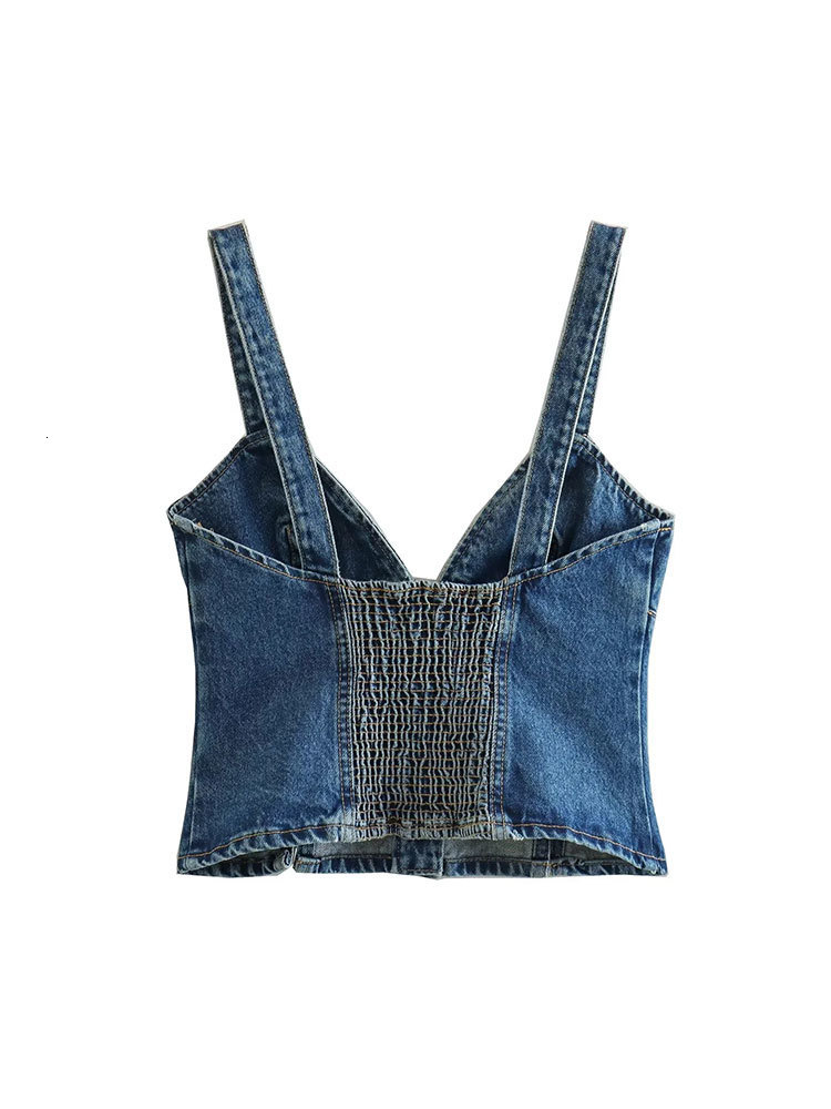 Camisoles Tanks Nlzgmsj TRAF Sexy Women Denim Corset Camisole Tops Casual Backless Sleeveless Elastic Back Summer Single Breasted Sling Top 230426