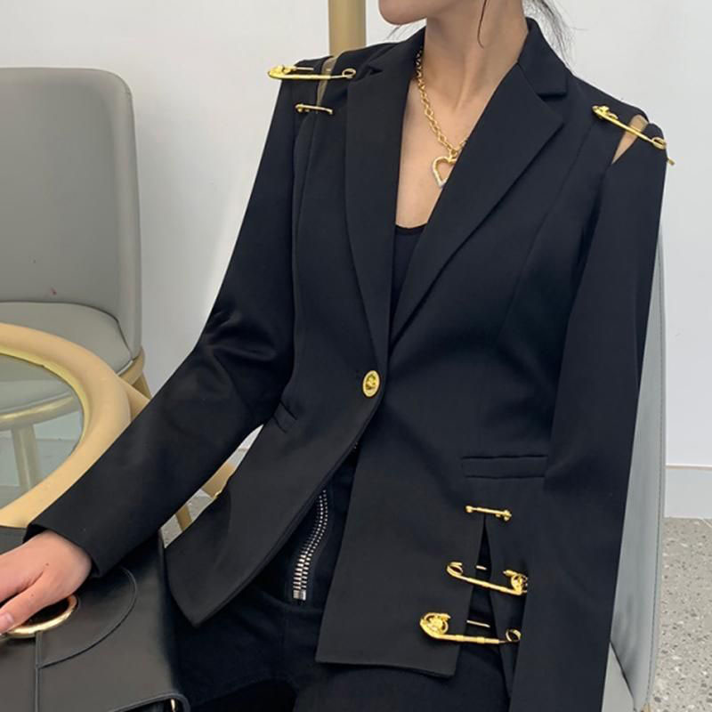Women's Suits Hollow Out Blazer For Women Lapel Long Sleeve Golden Pins Accessories Split Slim Black Blazers Female 2023 Fashion Style
