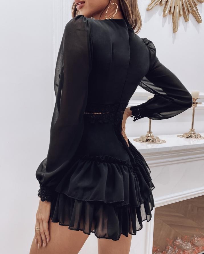 Casual Dresses Womens Puff Lantern Sleeve Lace Patch Layered Dress Long Sleevesleeve Sheer Mesh Sexy