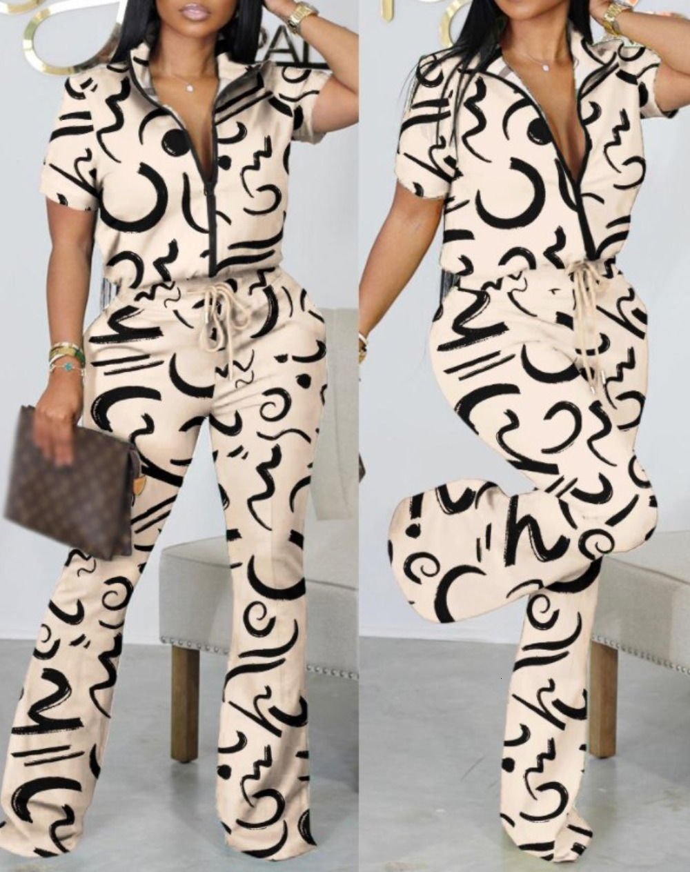 Women's Two Piece Pants Summer Fashion Print Two Piece Set Women Casual Zipper Short-sleeved Shirt Flared Pants Two Piece Suit Women Outfit 23042