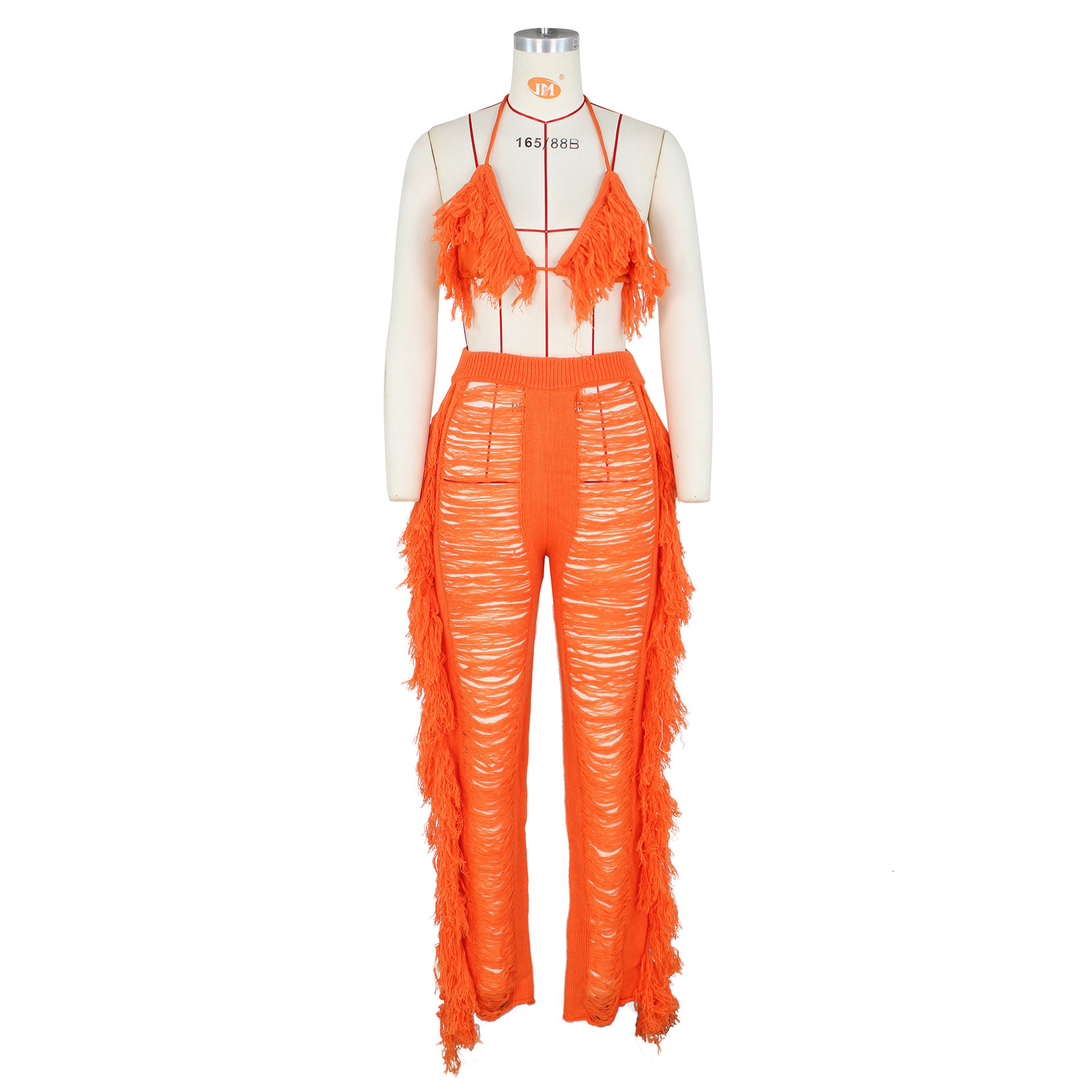 Women's Two Piece Pants CM.YAYA Sexy Beach White Women 2pcs Set Tassel Crop Tops and Hole Wide Leg Pants Set Sweatsuit Tracksuit Two Piece Set Ou