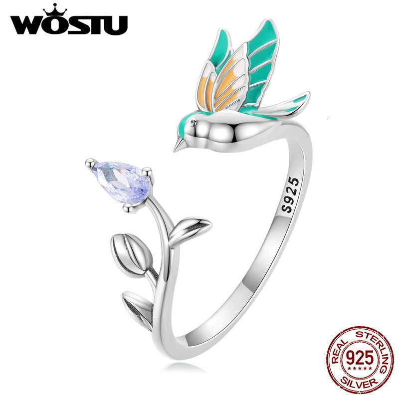 Solitaire Ring WOSTU 100% 925 Sterling Silver Kingfisher Open Ring For Women party Engagement flower bird style ring Fine Jewelry Gifts 230425