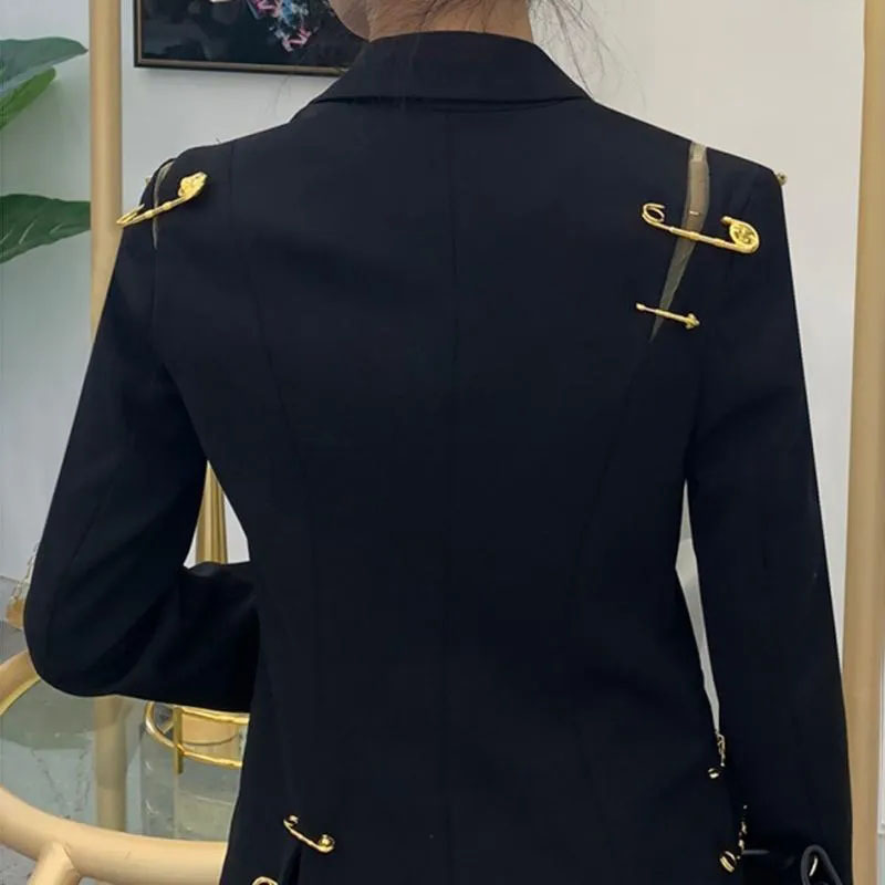 Women's Suits Hollow Out Blazer For Women Lapel Long Sleeve Golden Pins Accessories Split Slim Black Blazers Female 2023 Fashion Style