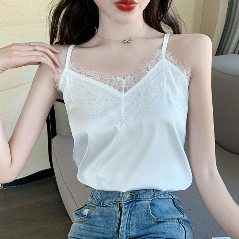Camisoles Tanks shintimes Haut Femme Summer Tops V-Neck Lace Tank Top Women Clothes White Cami Camisole Satin Silk Vest Woman Ropa Mujer 230426
