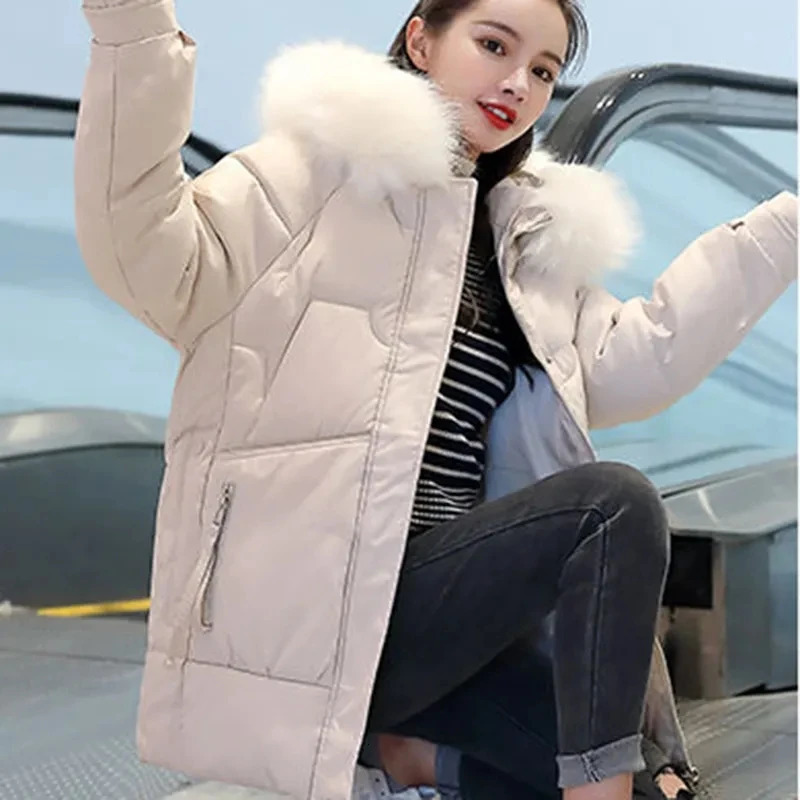 Women's Down Parkas Hdspq Women Cotton Padded Jacket Winter Fur Collar Hooded Thicken Parka Woman 2023 Casual Pockets Zipper Outerwear Female 231