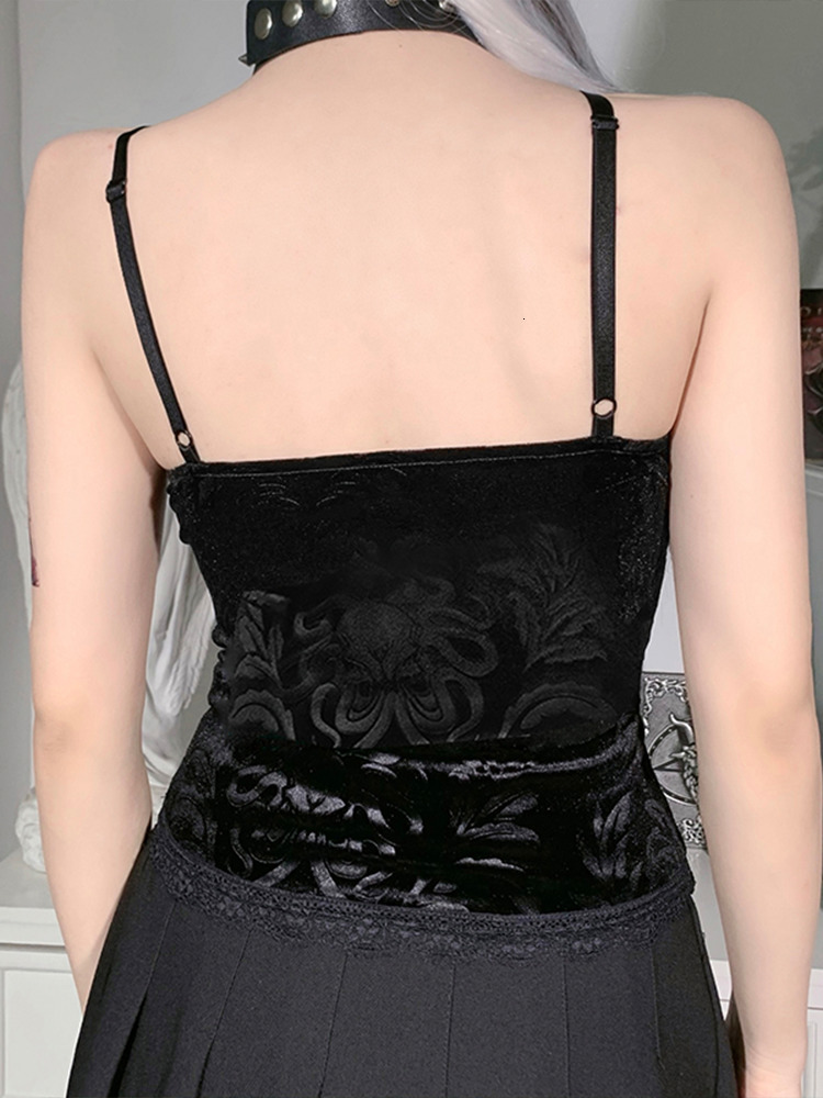 Camisoles Tanks InsGoth Goth Lace-Up Black Camis Vintage Bandage Velvet Corset Tops Gothic Aethetic Lace Trim Women Sexy Backless Basic Camisole 23042