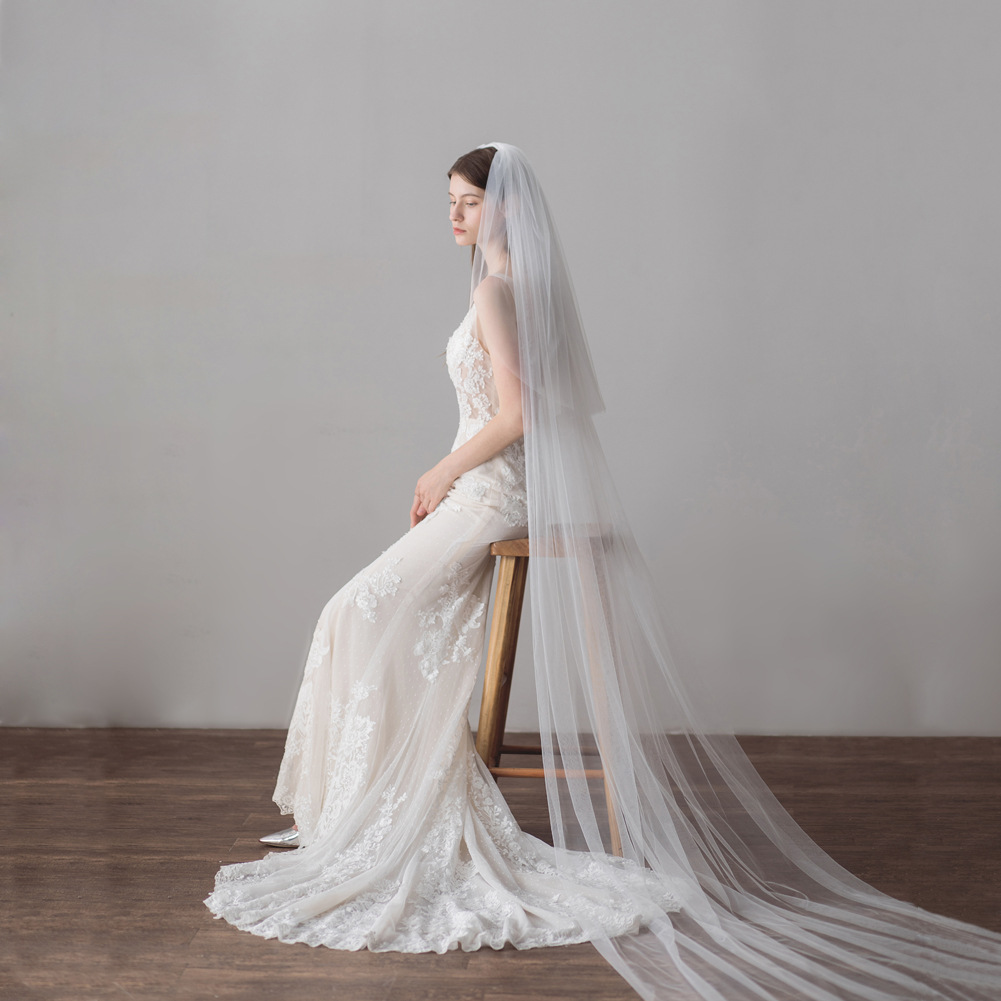 Ivory Long Bridal Veils for Wedding Middle East Dubai Bride's Headdress Cathedral Two Layers Tulle V004
