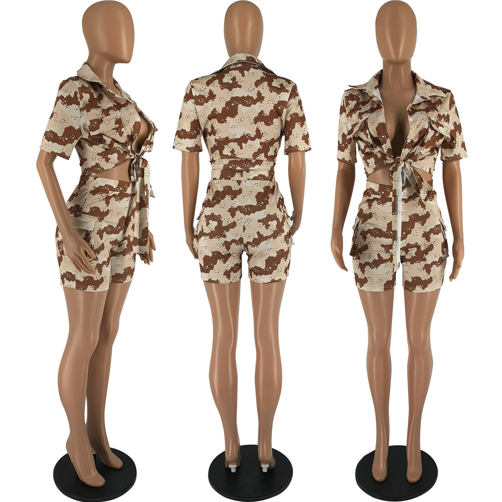 NEW Designer Tracksuits Summer Camouflage Two Piece Sets Women Sweatsuits Short Sleeve Shirt and Cargo Shorts Casual Street Camo Outfits Wholesale Clo
