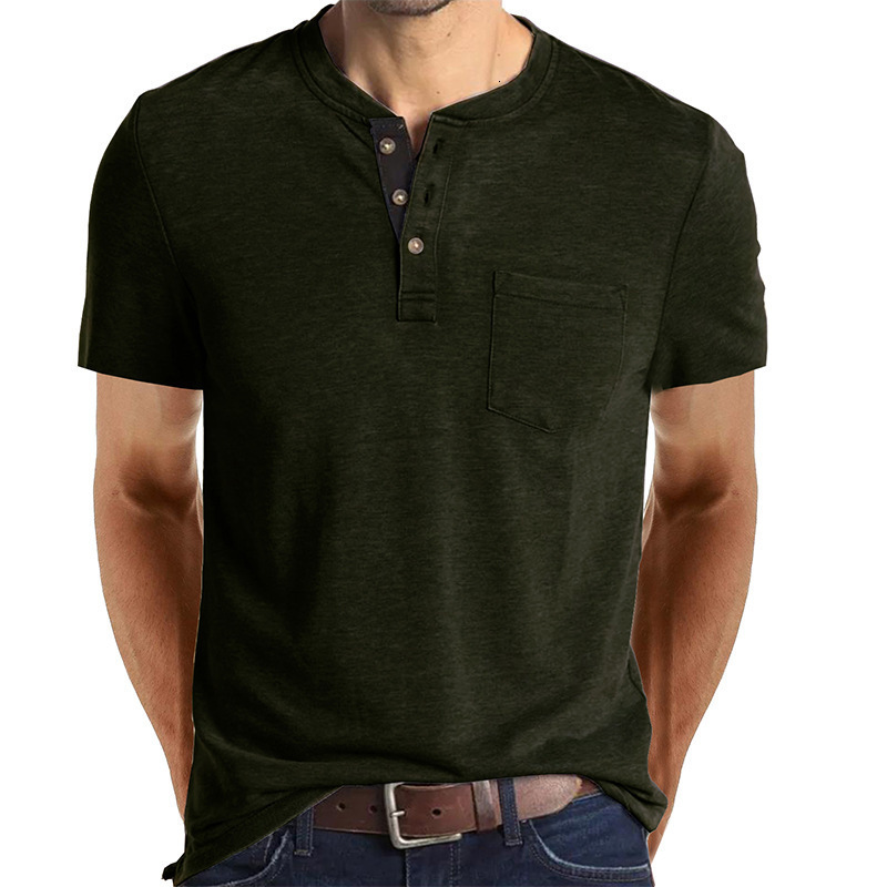 Men's T-Shirts Summer Fashion America Style Men's Short Sleeve Henry T-shirt Solid Color Simple Casual Loose Pullover Tee With Pocket Daily 