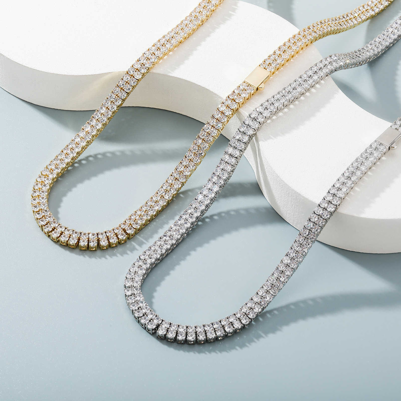 3mm 7-22 Inch Ins Double Row Zircon Tennis Necklace Hip Hop Punk Rock Clavicle White Gold Chain Link Men's And Women's Tennis Chains Choker 