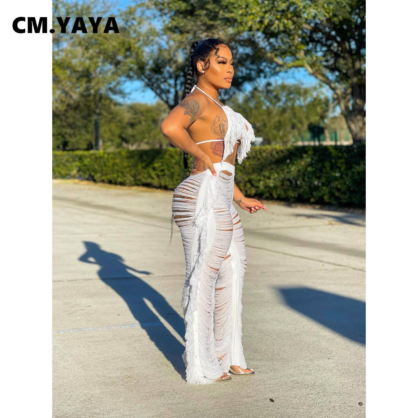 Women's Two Piece Pants CM.YAYA Sexy Beach White Women 2pcs Set Tassel Crop Tops and Hole Wide Leg Pants Set Sweatsuit Tracksuit Two Piece Set Ou