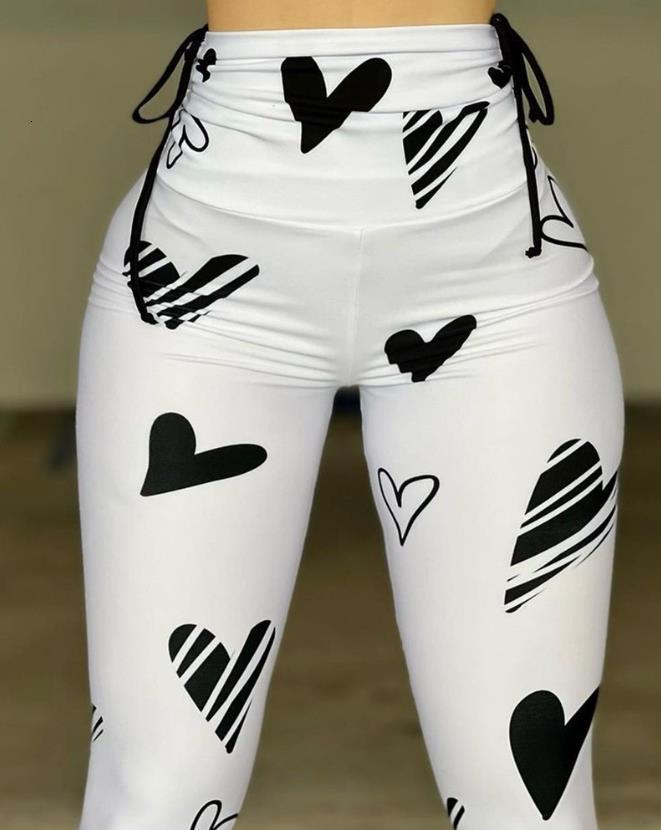 Women's Leggings Pants for Women Spring Fashion Heart Print Drawstring Scrunch High Waist Casual Sporty Skinny Long Leggings Active Pants 230425