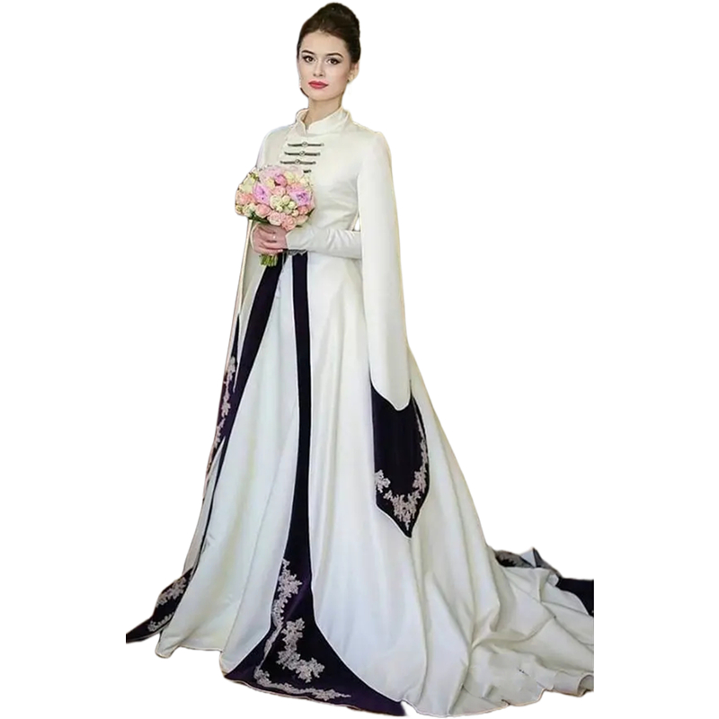 Traditional A Line Caucasus Wedding Dresses Court Train Vintage White And Black Satin Bridal Gowns Long Sleeves Stand Collar Women Elegant Formal Wear