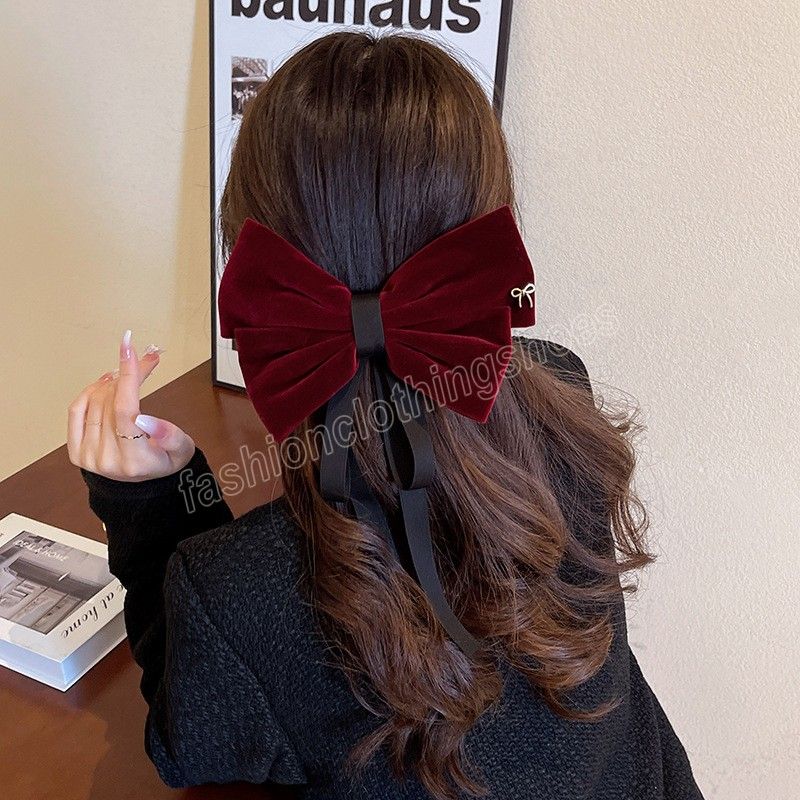Vintage Black Big Large Velvet Bow Hair Clip For Women Wedding Long Ribbon Korean Hairpins Barrette Hair Accessories