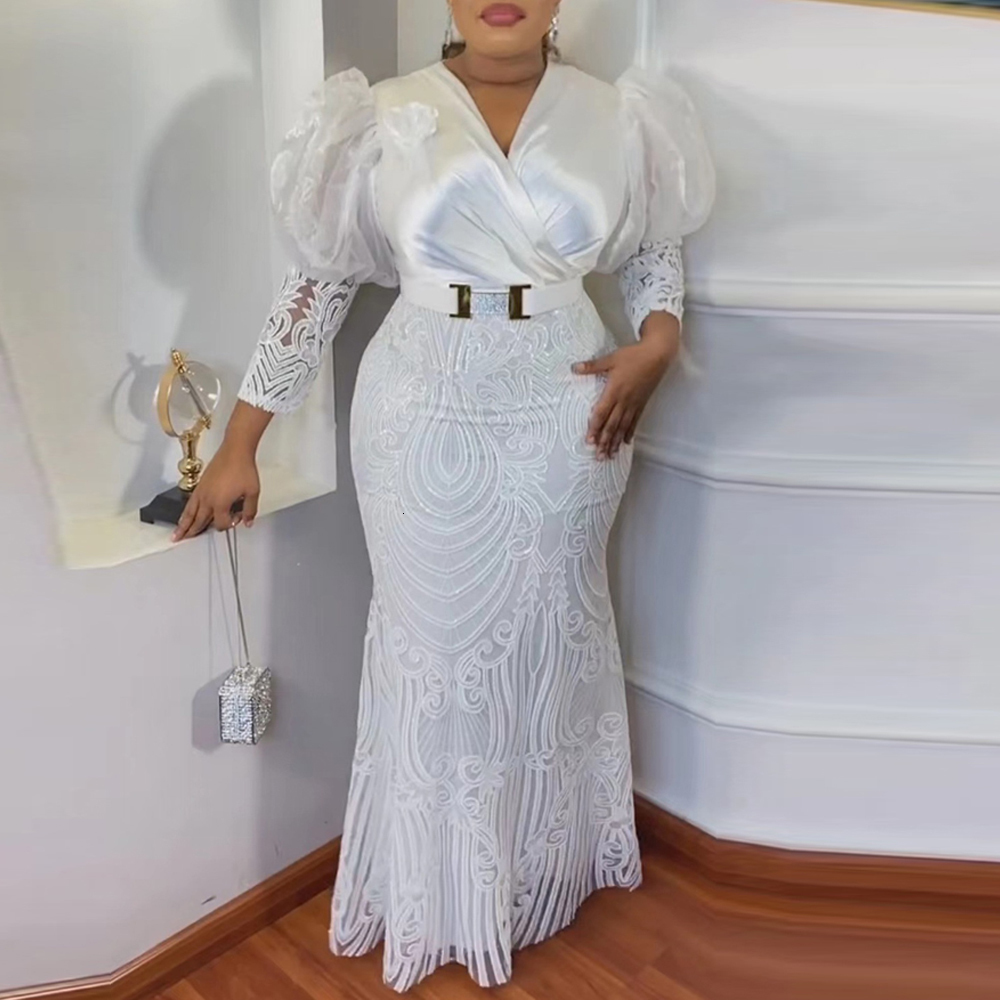 Ethnic Clothing MD African Plus Size Lace Dresses For Women Dubai Turkey White Abaya Maxi Robe Wedding Party Evening Gown Ankara Dashiki Outfits 23042