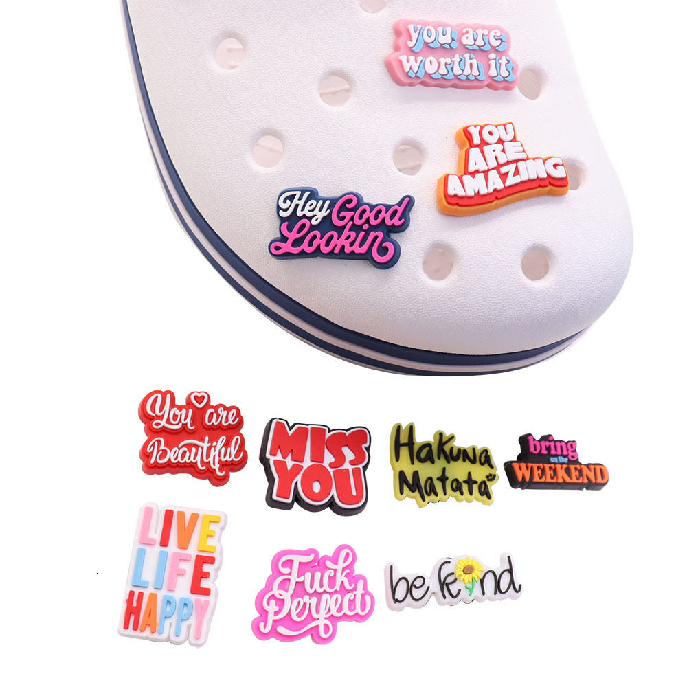 Shoe Parts Accessories 1 buah bahasa Inggris alfabet desain PVC tulisan inspirasional sandal sepatu gesper bakiak DIY band pesona jigz dekorasi 230425