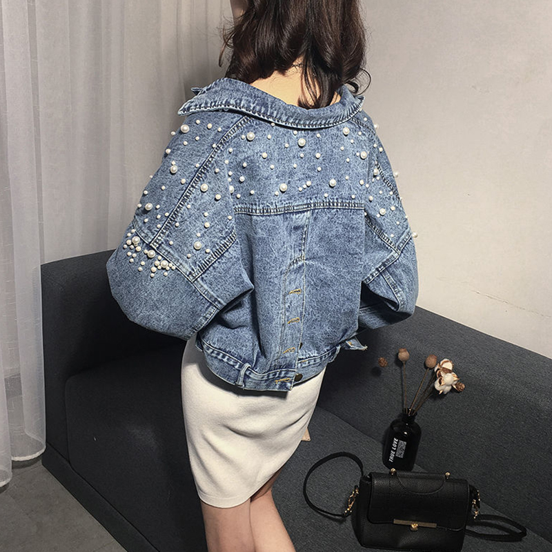 Women's Jackets Rimocy Pearls Denim Coats for Women Fashion Buttons Long Sleeve Crop Tops Woman Blue Loose Streetwear Jackets Female 230426
