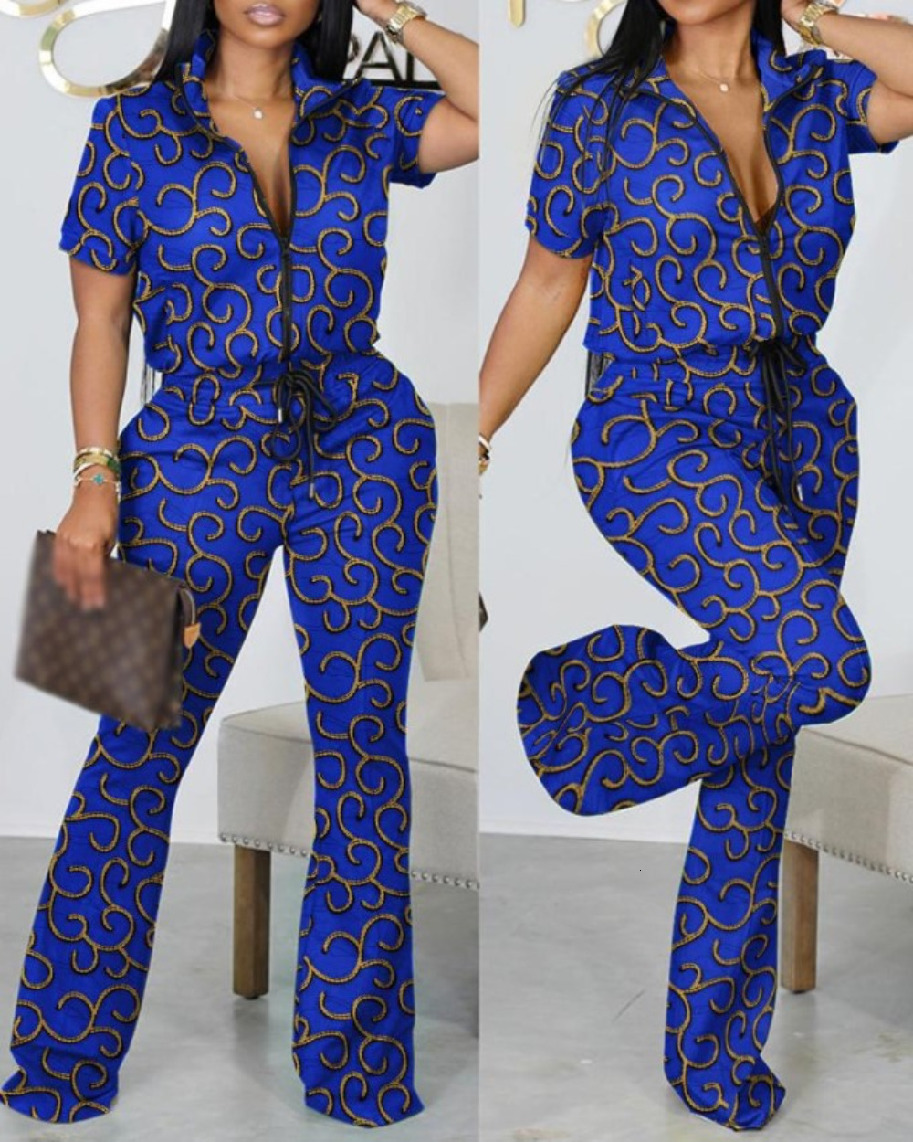 Women's Two Piece Pants Summer Fashion Print Two Piece Set Women Casual Zipper Short-sleeved Shirt Flared Pants Two Piece Suit Women Outfit 23042