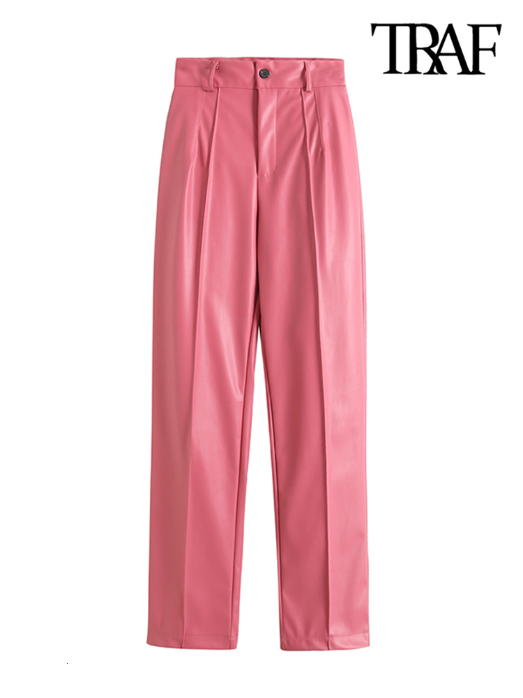 Women's Pants Capris TRAF Women Fashion Faux Leather Straight Pants Vintage High Waist Zipper Fly Female Trousers Mujer 230425